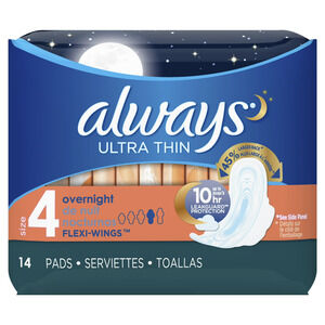 ALWAYS Ultra Thin Size 4 Overnight Pads With Wings Unscented, 14 Count